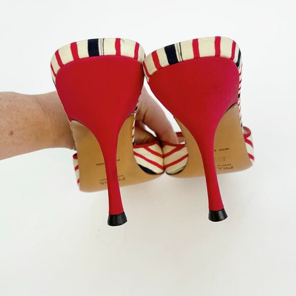 Vintage Prada Red Navy Cream Striped Bow Square Toe Slide Mules Heels IT 38.5 - Picture 9 of 11